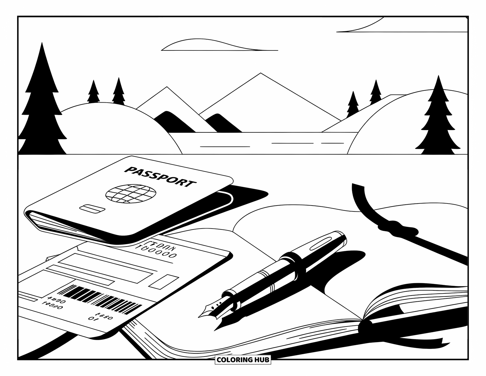 Vacation Coloring Page for Adults: A passport and journal rest together against a backdrop of mountains and water