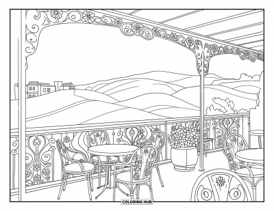Coloriage de vacances pour adultes : Un café en terrasse avec des plantes et des meubles en fer forgé offre une belle vue sur la ville