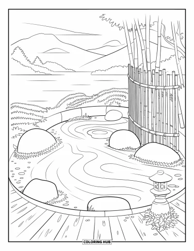 Coloriage de vacances pour adultes : Un jardin zen avec du sable ratissé, des pierres et des clôtures en bambou