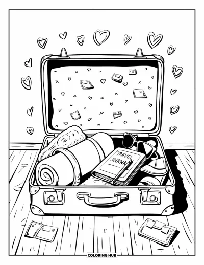 Coloriage de vacances pour adultes : Une valise ouverte contenant des sandales, une serviette et un journal de voyage