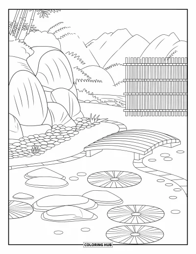 Coloriage de vacances pour adultes : Un jardin serein avec un étang, des fleurs de lotus et une petite clôture en bambou