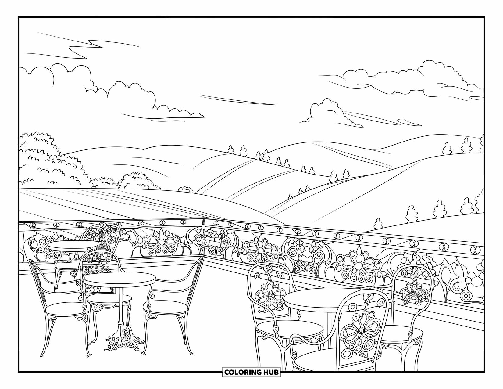 Vacation Coloring Page for Adults: A tranquil rooftop café with floral railings overlooks soft, rolling hills