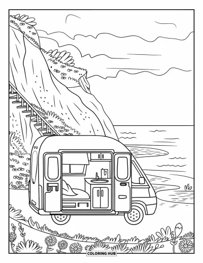 Coloriage de vacances pour adultes : Un van de voyage près de la mer avec un lit douillet et des fleurs sauvages à l'extérieur
