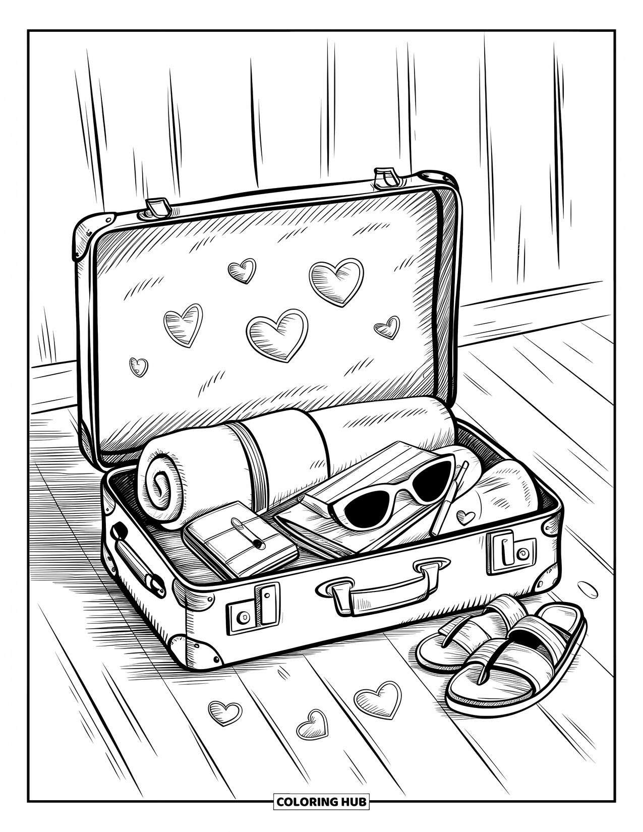 Vacation Coloring Page for Adults: An open suitcase holds travel essentials surrounded by hearts and stickers