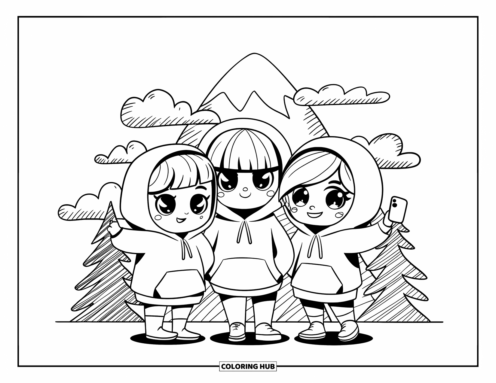 Vacation Coloring Page for Adults: Chibi friends snap a selfie by doodle-shaped mountains and clouds