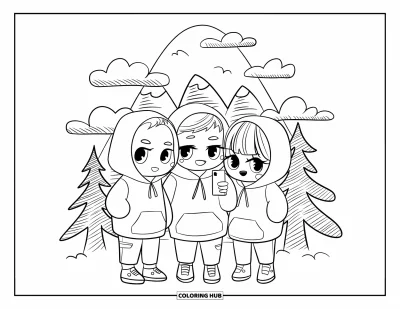 Coloriage de vacances pour adultes : Trois amis chibi prennent un selfie avec des montagnes au style doodle derrière eux
