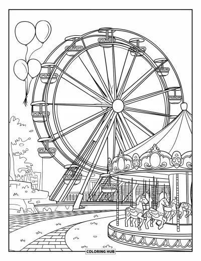 Coloriage de vacances pour enfants : Un carrousel et une grande roue illuminent un parc d'attractions joyeux rempli de ballons