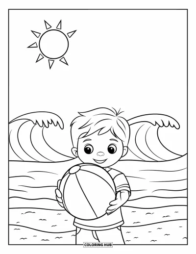 Coloriage de vacances pour enfants : Un enfant joyeux tient un ballon de plage sous un soleil radieux