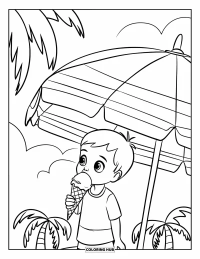 Coloriage de vacances pour enfants : Un enfant déguste une glace sous un parasol de plage rayé