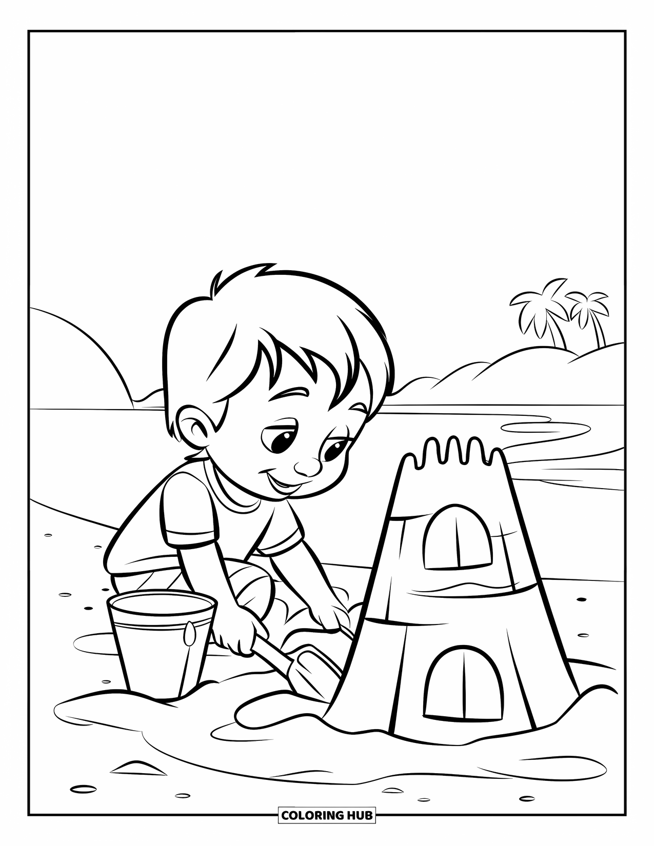Vacation Coloring Page for Kids: A child happily builds a sandcastle with a bucket and shovel by the sea