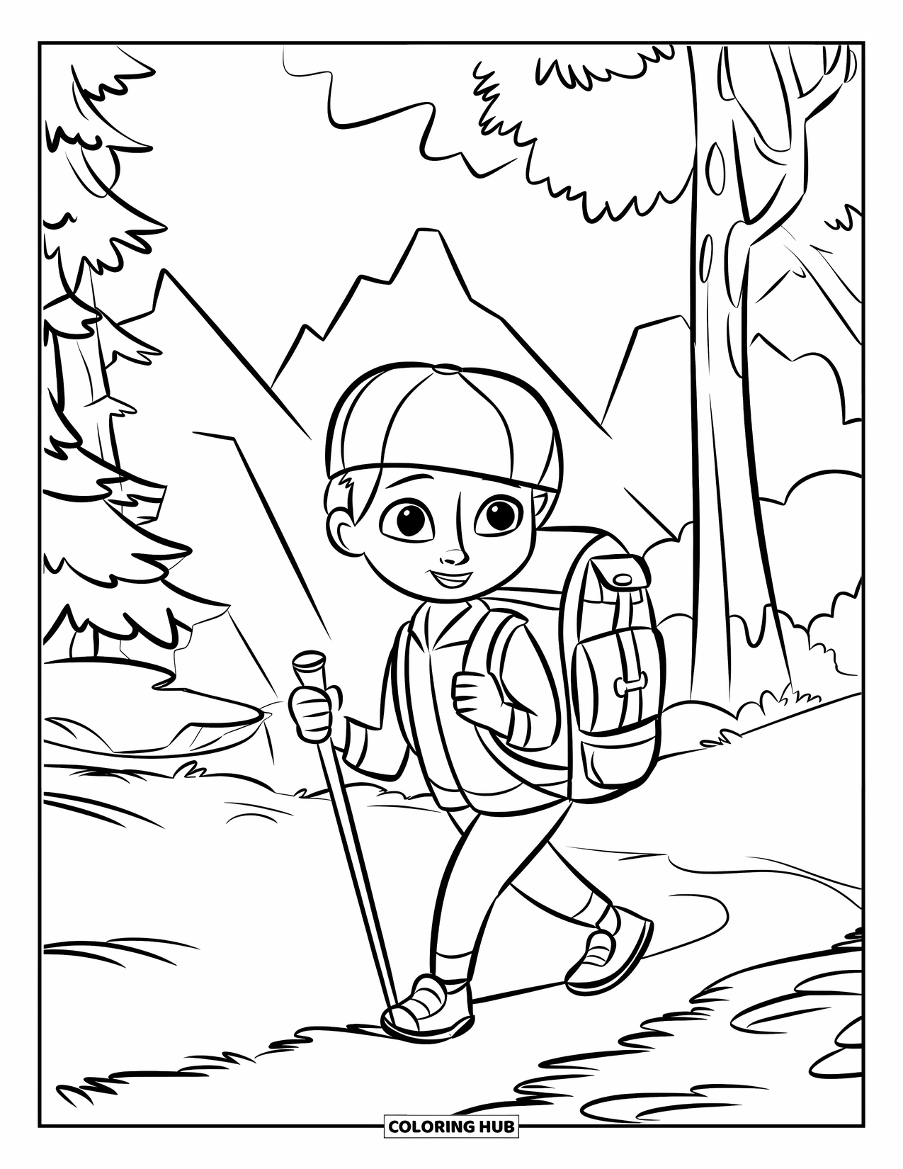 Vacation Coloring Page for Kids: A child hikes a mountain trail with a backpack and walking stick