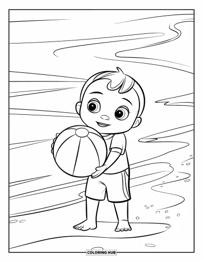 Coloriage de vacances pour enfants : Un enfant tient un ballon de plage près des douces vagues de l'océan