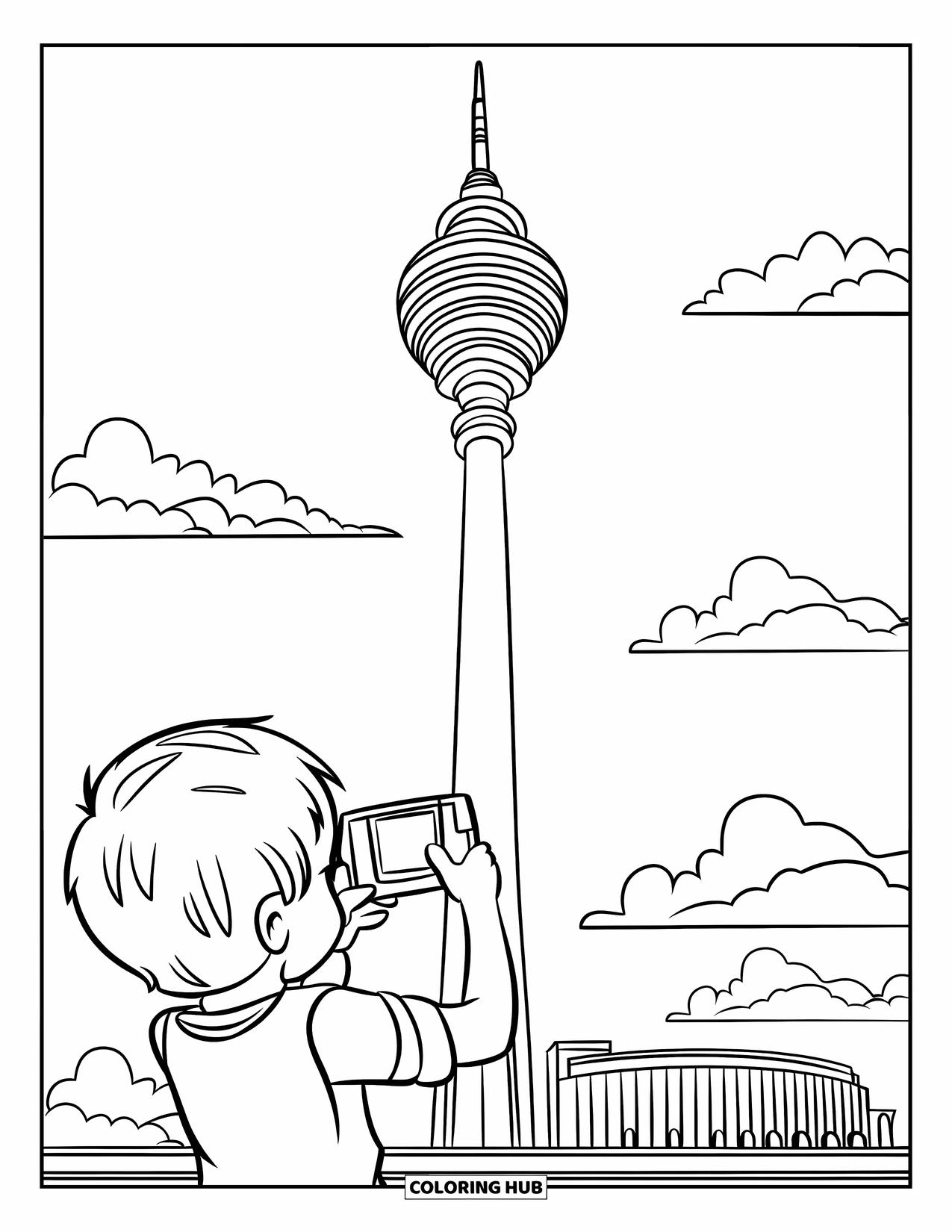 Vacation Coloring Page for Kids: A child photographs a grand tower with clouds in the sky