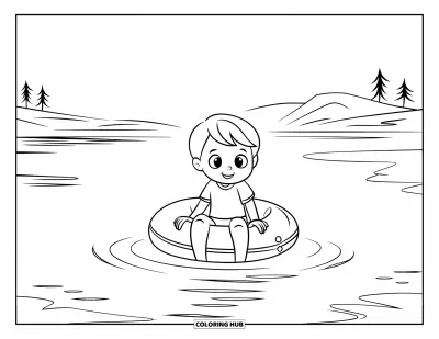 Coloriage de vacances pour enfants : Un enfant se détend dans une bouée flottante entourée d'arbres et de montagnes
