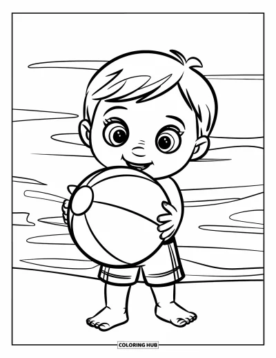 Coloriage de vacances pour enfants : Un enfant se tient avec un ballon de plage près des vagues qui roulent