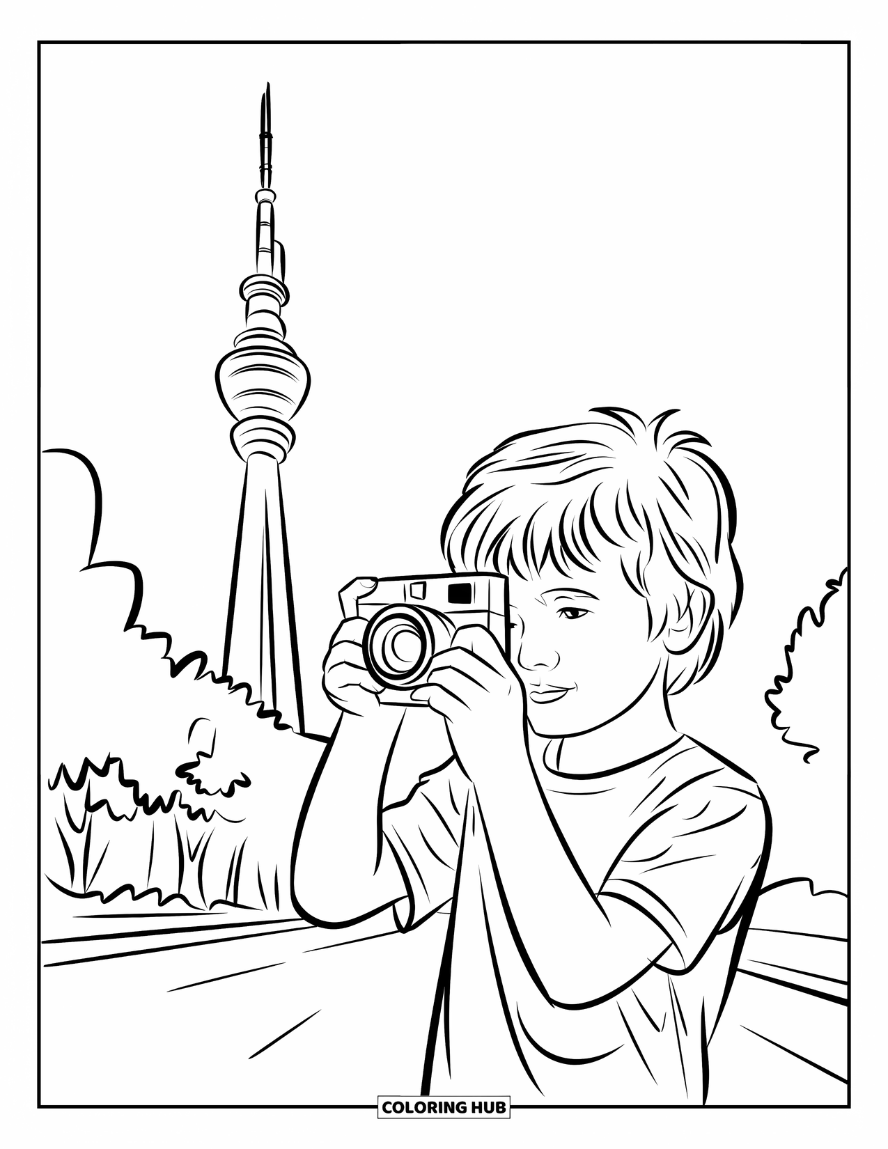 Vacation Coloring Page for Kids: A child takes a picture of a pointy tower surrounded by trees