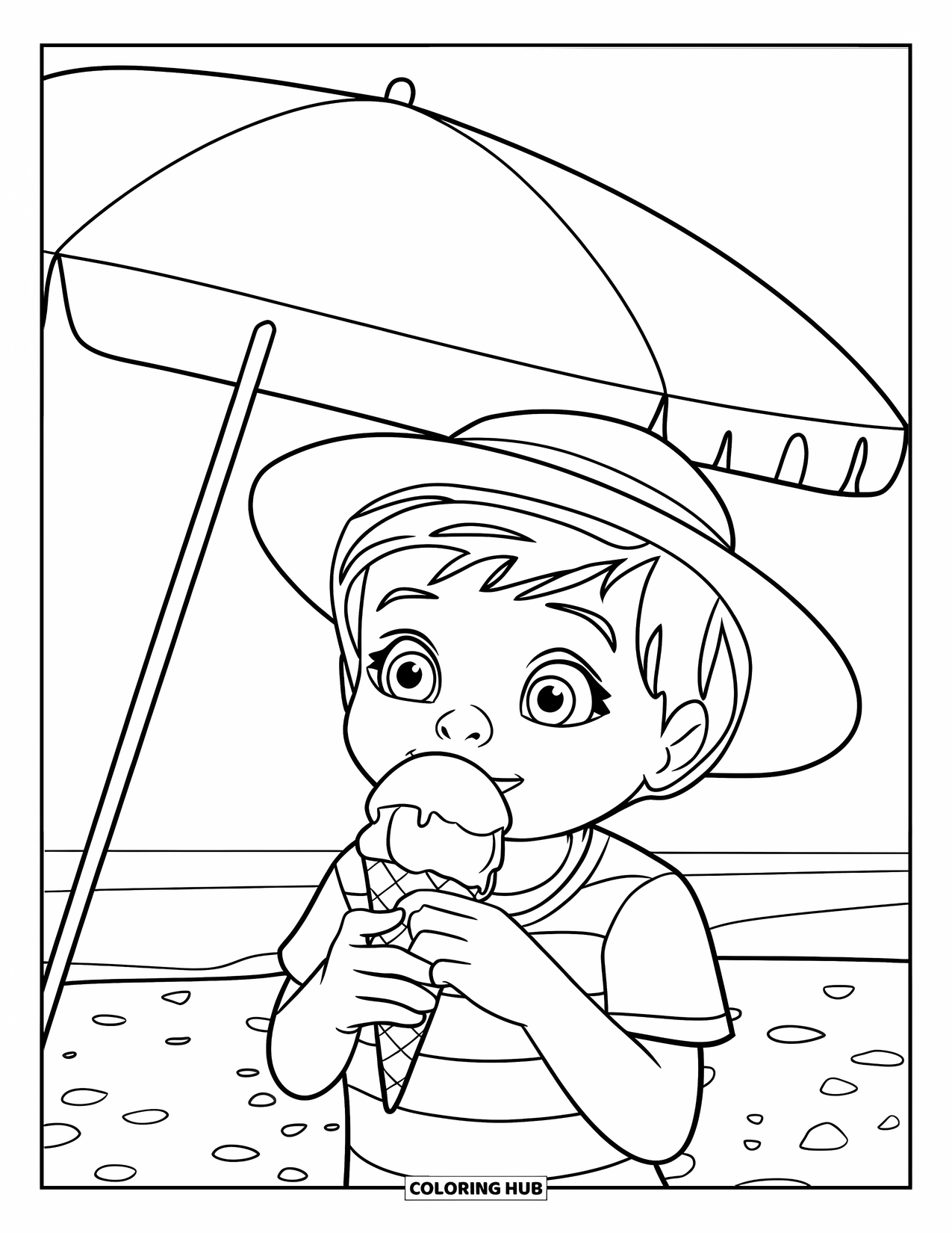 Vacation Coloring Page for Kids: A child wearing a hat enjoys ice cream under a beach umbrella