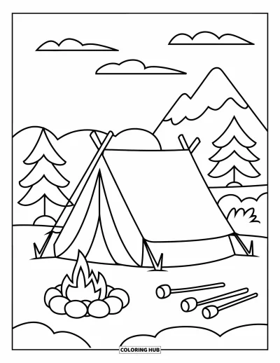 Coloriage de vacances pour enfants : Une tente douillette est installée près d'un feu de camp avec des chamallows et des vues sur les montagnes