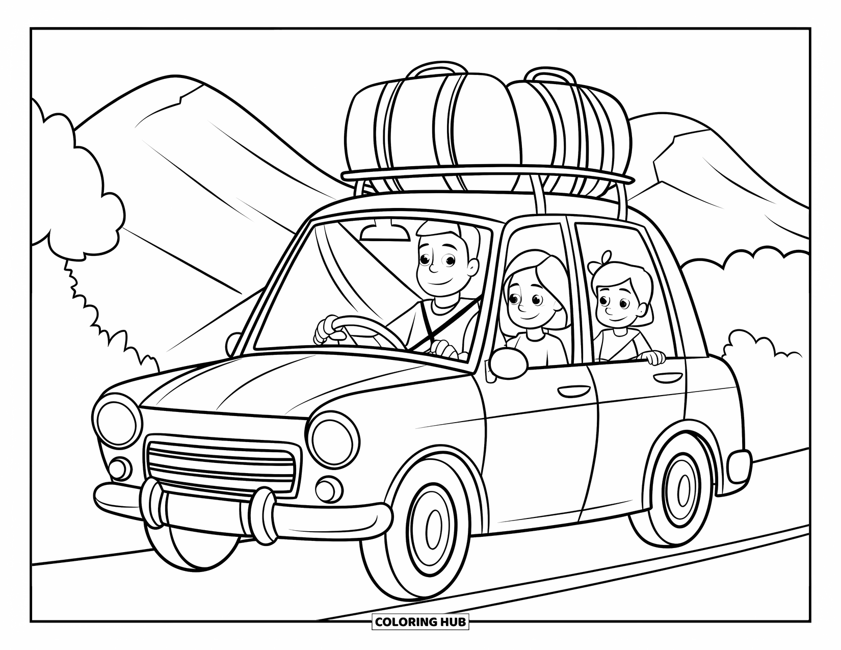 Vacation Coloring Page for Kids: A family drives on a mountain road with luggage on their car roof