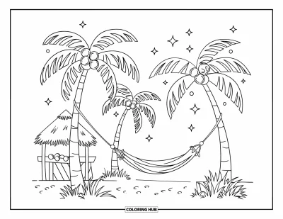 Coloriage de vacances pour enfants : Un hamac est suspendu entre des palmiers sur une île tropicale tranquille