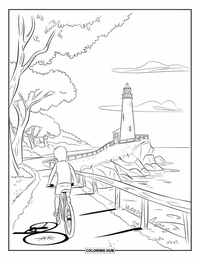 Coloriage de vacances pour enfants : Une allée bordée d'arbres mène à un phare au bord du rivage