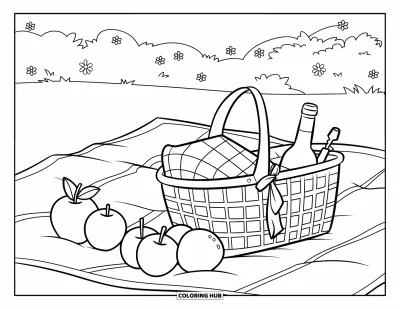 Coloriage de vacances pour enfants : Une nappe de pique-nique avec des fruits, du pain et une bouteille au milieu des fleurs