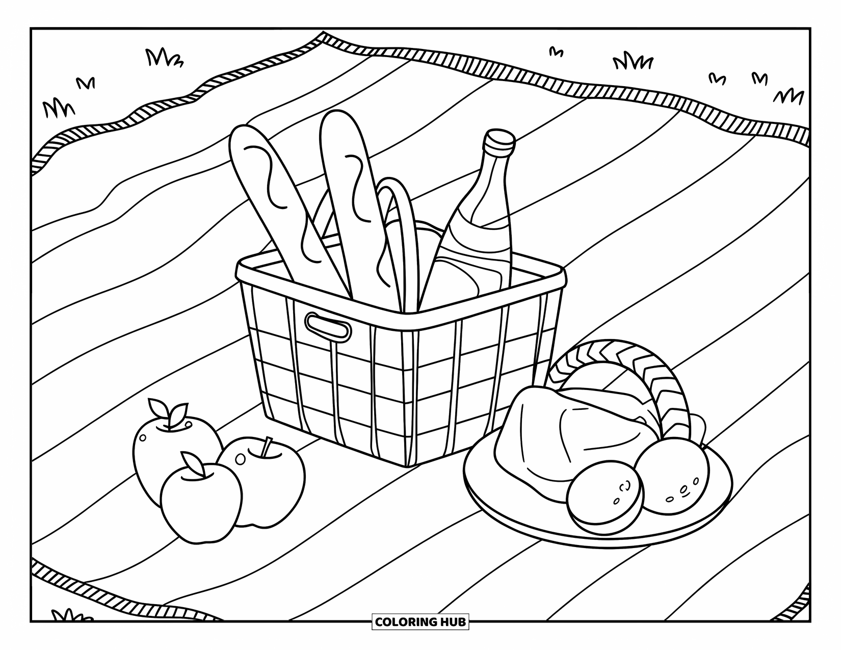 Vacation Coloring Page for Kids: A picnic setup with fruit and bread rests on a grassy field