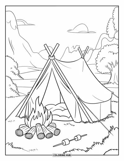 Coloriage de vacances pour enfants : Une tente ronde est installée près d'un feu de camp où grillent des chamallows
