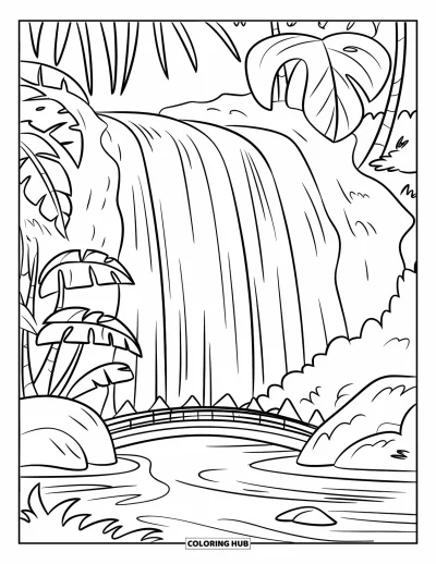 Coloriage de vacances pour enfants : Un petit pont enjambe une cascade rocheuse encadrée de feuilles tropicales
