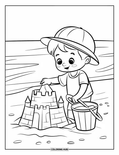 Coloriage de vacances pour enfants : Un enfant souriant construit un château de sable sur la plage sous un ciel lumineux