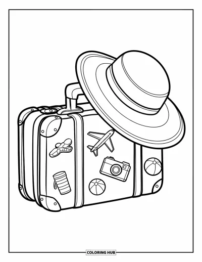 Coloriage de vacances pour enfants : Une valise couverte d'autocollants de voyage repose sous un grand chapeau de soleil