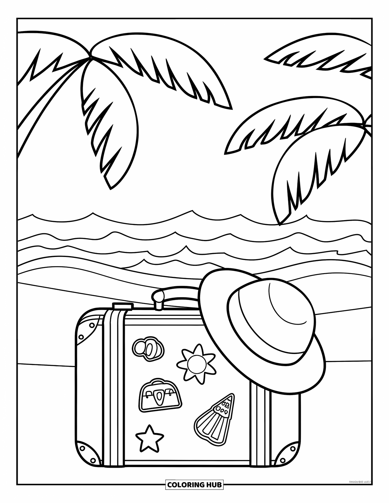 Vacation Coloring Page for Kids: A suitcase with a sun hat sits near palm trees and gentle waves