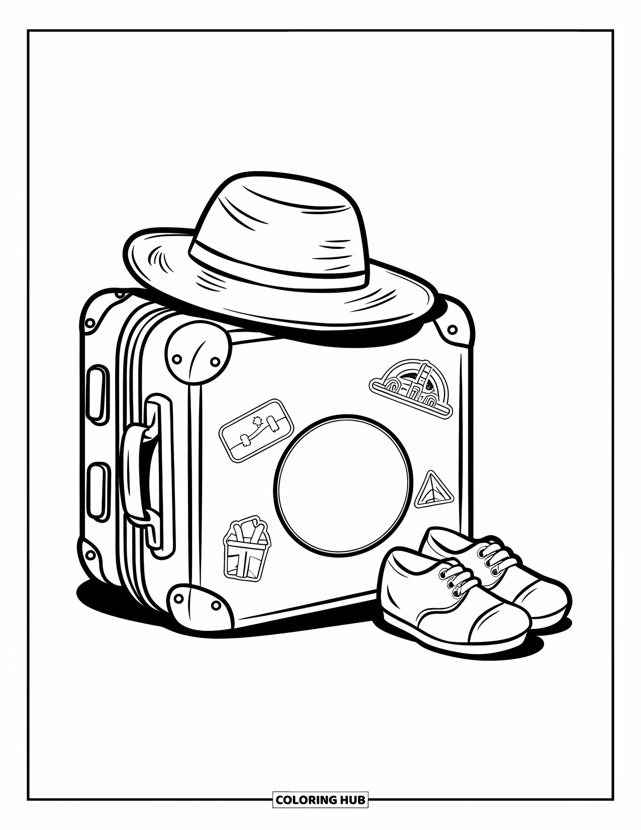 Vacation Coloring Page for Kids: A suitcase with stickers and a hat sits beside a pair of shoes