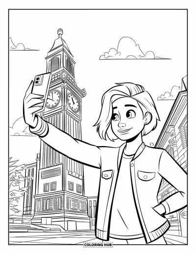 Coloriage de vacances pour enfants : Un adolescent sourit pour un selfie devant une haute tour à horloge