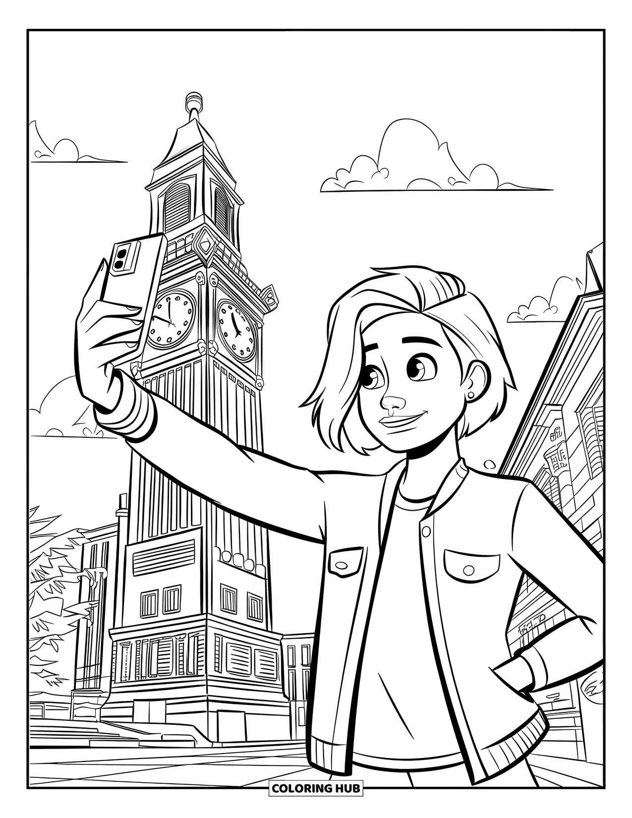Vacation Coloring Page for Kids: A teen smiles for a selfie beside a tall clock tower