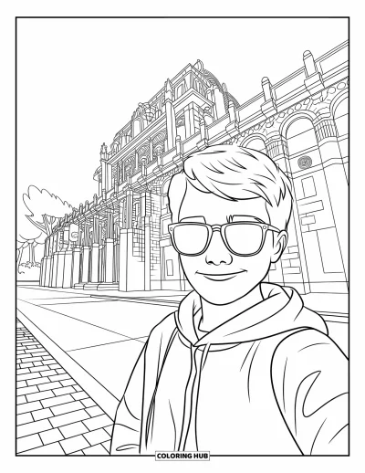 Coloriage de vacances pour enfants : Un adolescent prend un selfie devant un grand monument de la ville
