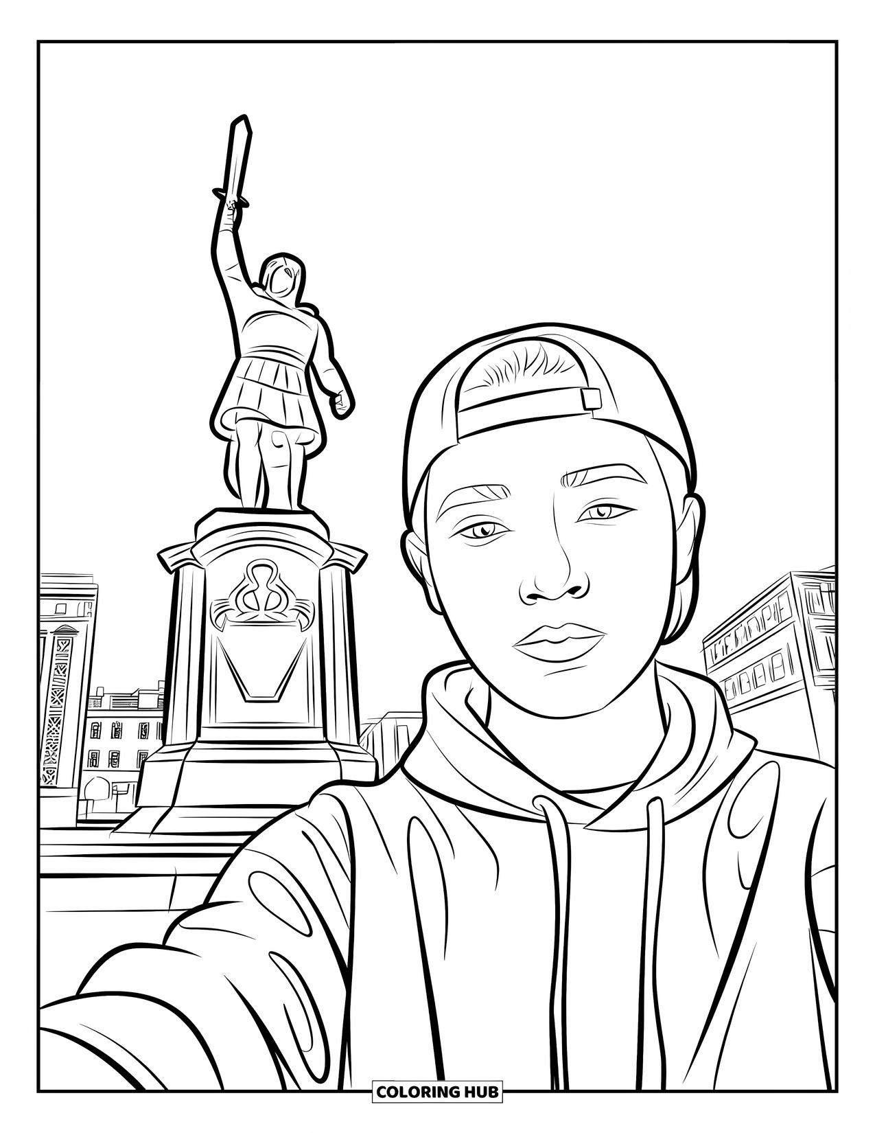 Vacation Coloring Page for Kids: A teen takes a selfie near a warrior statue in the city