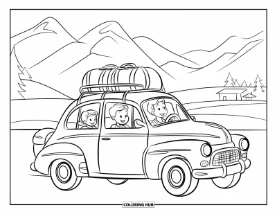 Coloriage de vacances pour enfants : Une voiture ancienne transporte une famille et des bagages vers les montagnes
