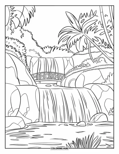 Coloriage de vacances pour enfants : Une cascade coule sous un pont entouré de verdure et de bâtiments au loin