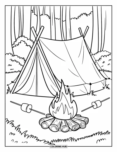 Coloriage de vacances pour enfants : Une tente en bois est installée près d'un feu entouré de grands arbres forestiers