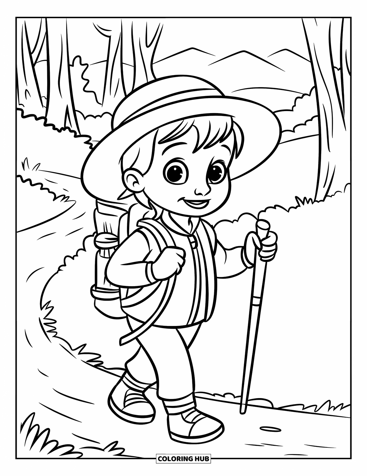 Vacation Coloring Page for Kids: A young hiker walks a forest trail carrying a backpack and stick