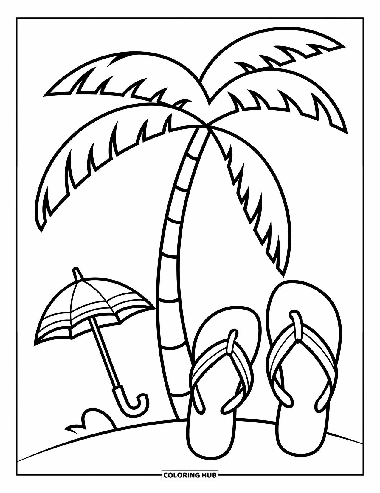 Vacation Coloring Page for Kids: Flip-flops and a small umbrella rest near a palm tree