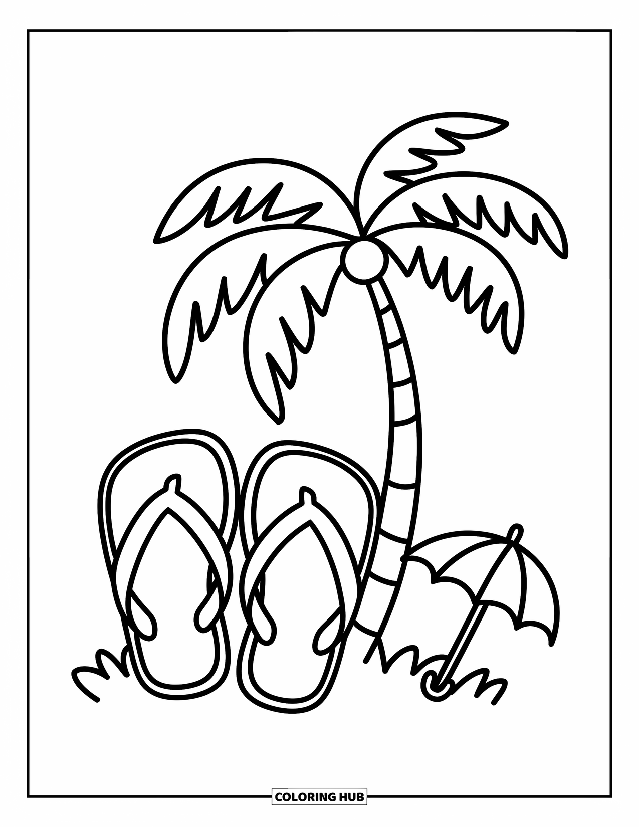 Vacation Coloring Page for Kids: Flip-flops lie beside a palm tree and umbrella in a playful scene