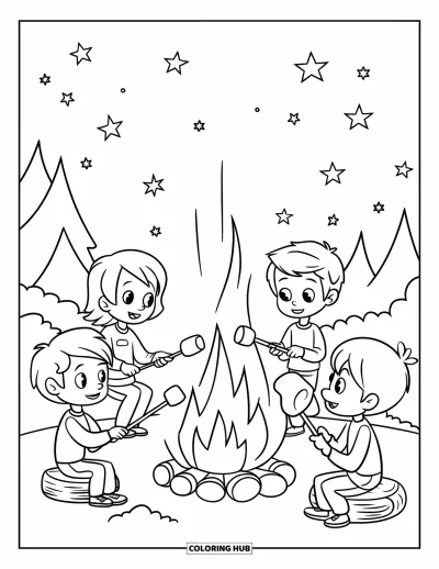 Coloriage de vacances pour enfants : Des enfants se rassemblent autour d'un feu de camp pour faire griller des chamallows sous un ciel étoilé