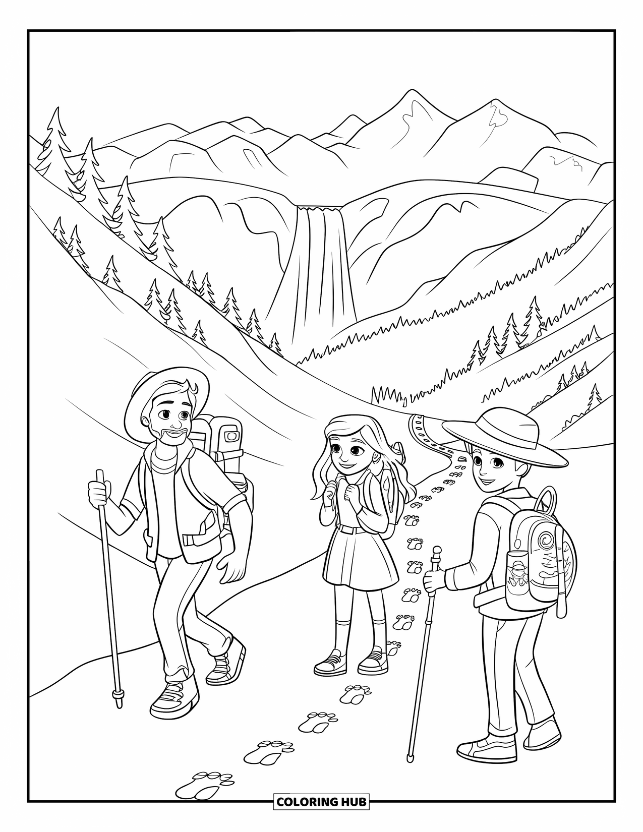 Vacation Coloring Page for Kids: Three hikers follow a trail toward mountains and a distant waterfall