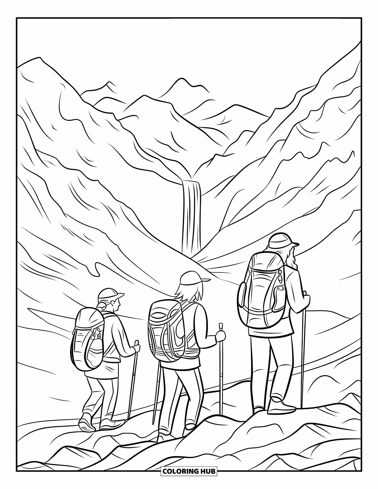 Vacation Coloring Page for Kids: Three hikers trek through rocky terrain toward a distant waterfall