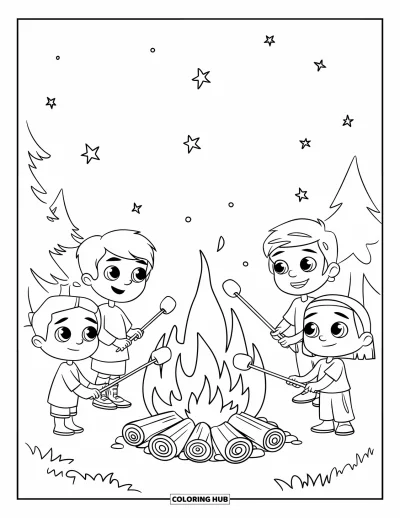 Coloriage de vacances pour enfants : Trois enfants font griller des chamallows autour d'un feu de camp sous un ciel étoilé