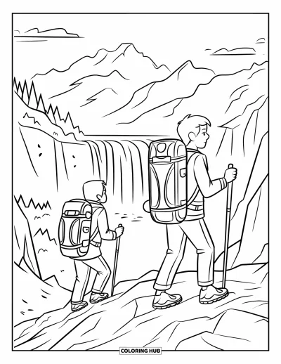 Coloriage de vacances pour enfants : Deux randonneurs avec des sacs à dos traversent un terrain rocheux avec des montagnes et une cascade derrière eux