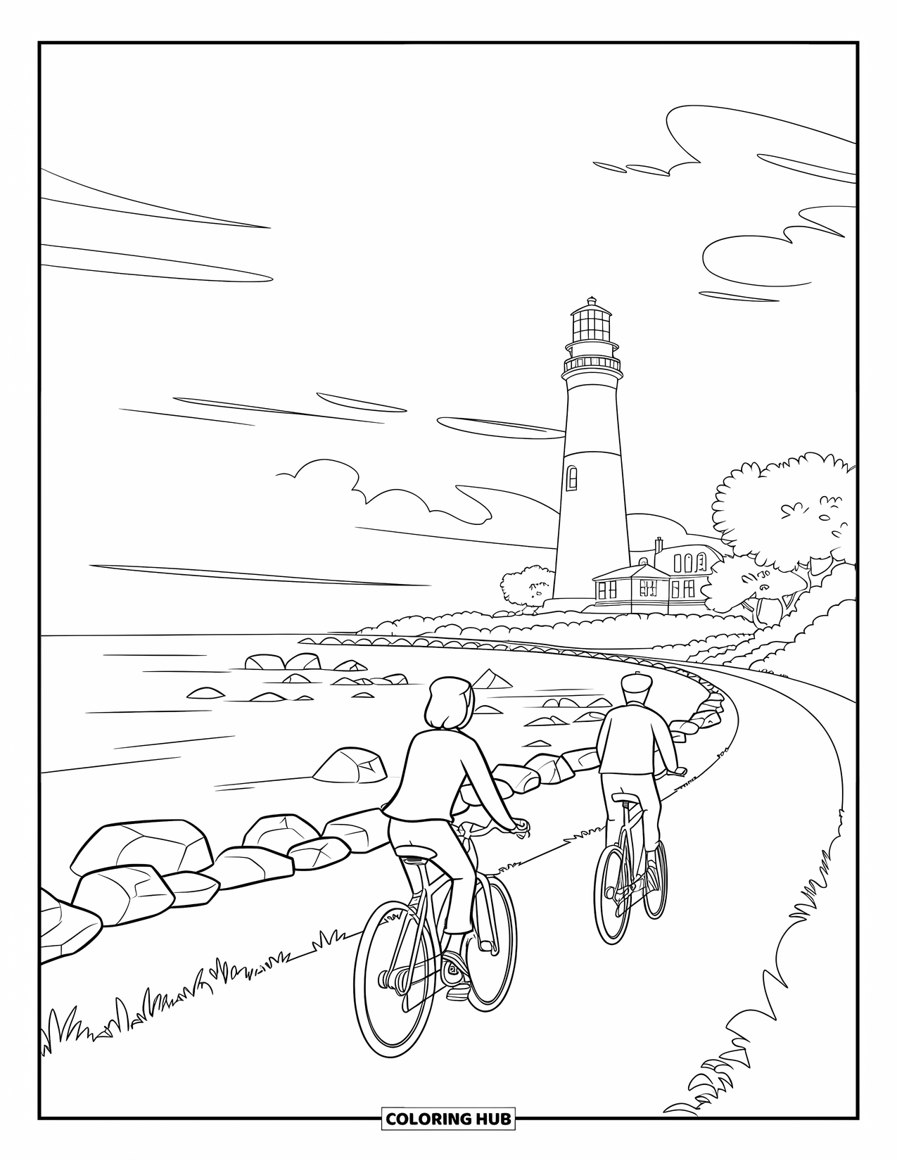 Vacation Coloring Page for Kids: Two friends ride a bike together along a seaside path