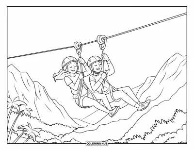 Coloriage de vacances pour enfants : Deux adolescents font de la tyrolienne au-dessus d'une forêt tropicale avec des montagnes derrière eux